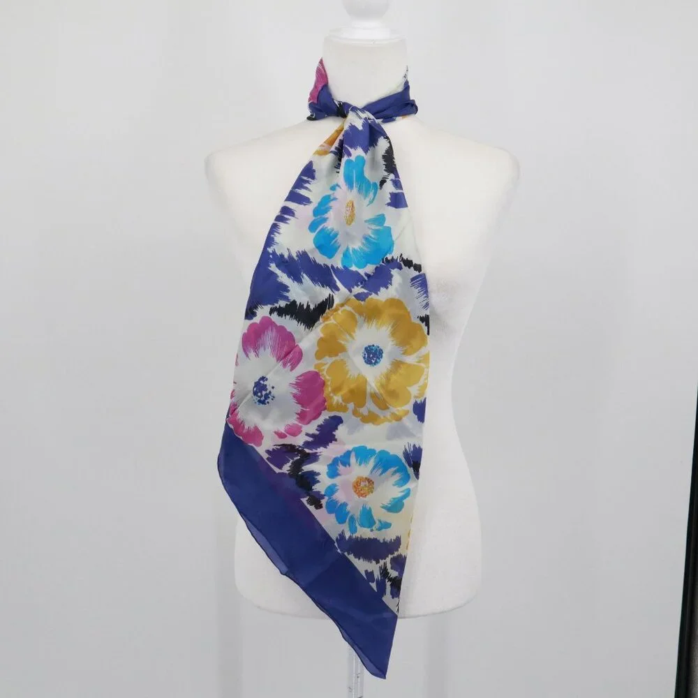 Vintage Silk Scarf Blue Bloomcore Boho Cottage Polished Colorful‎ Artsy Elegant